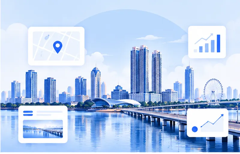 Johor Bahru skyline line art with floating map pin, rating and phone cards